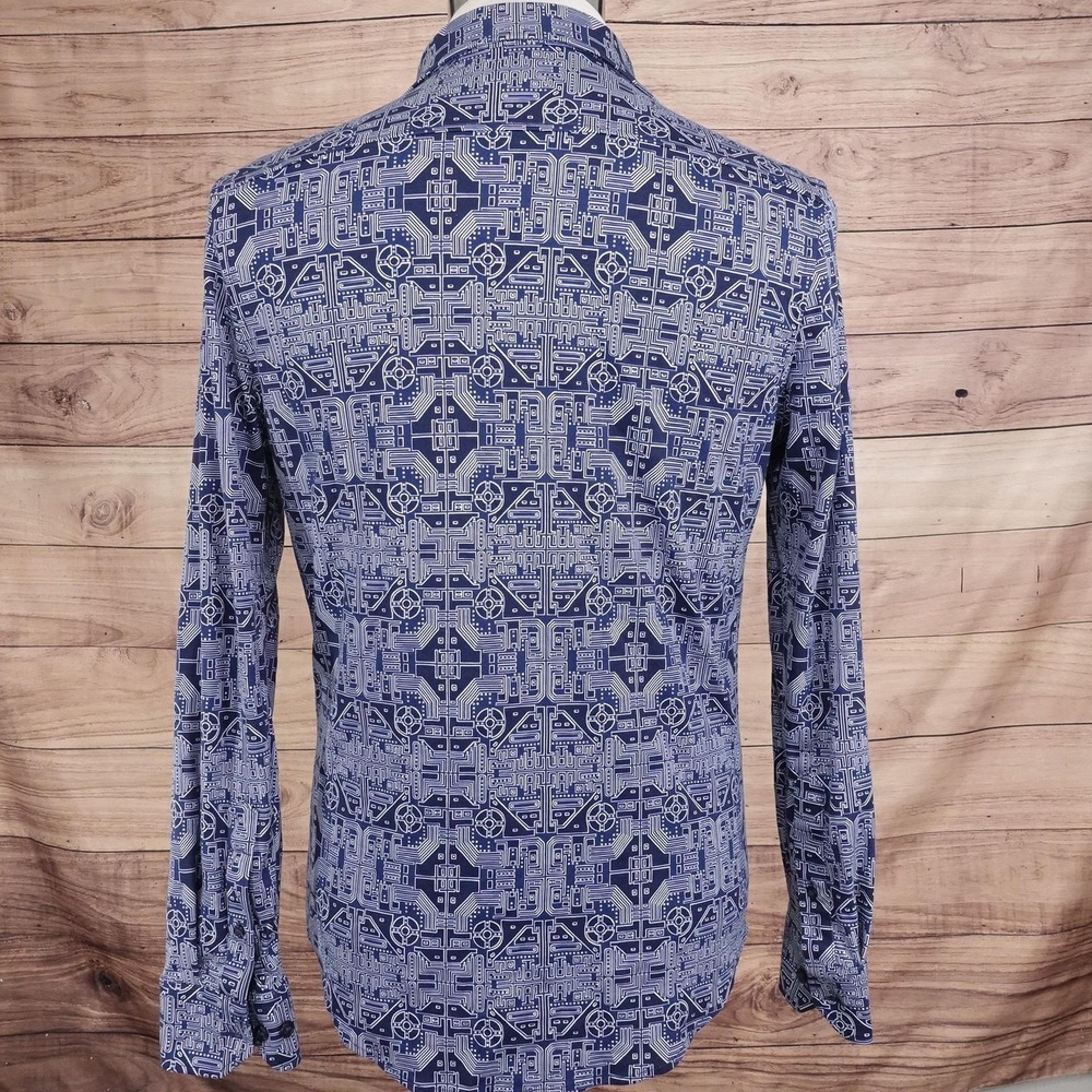 Murano Liquid Luxury Shirt M Blue Tech Circuit Print Button-Up Slim Fit View 4